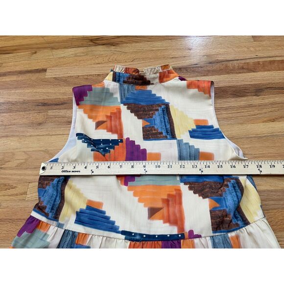 THML Women's Dress Fit & Flare S Tiered Mini Summer Beach Boho Geometric Brown - Picture 9 of 10